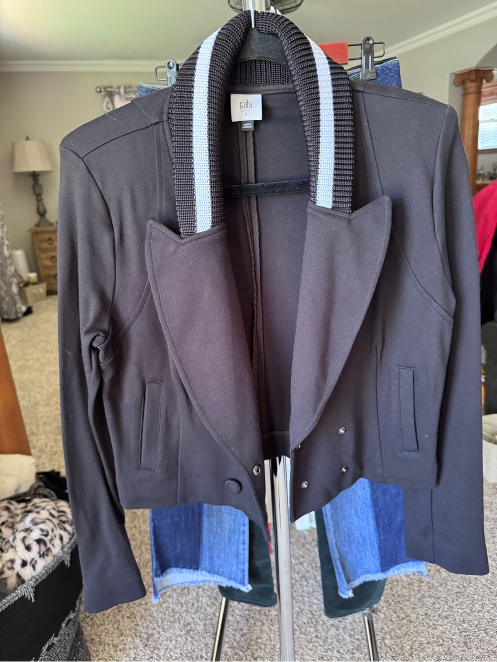 CAbi Black Cropped Blazer with Striped Rib Collar